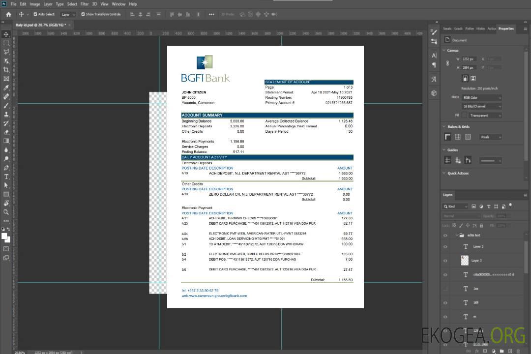 Relevé bancaire BGFI du Cameroun modèle facile à remplir au format Excel et PDF template
